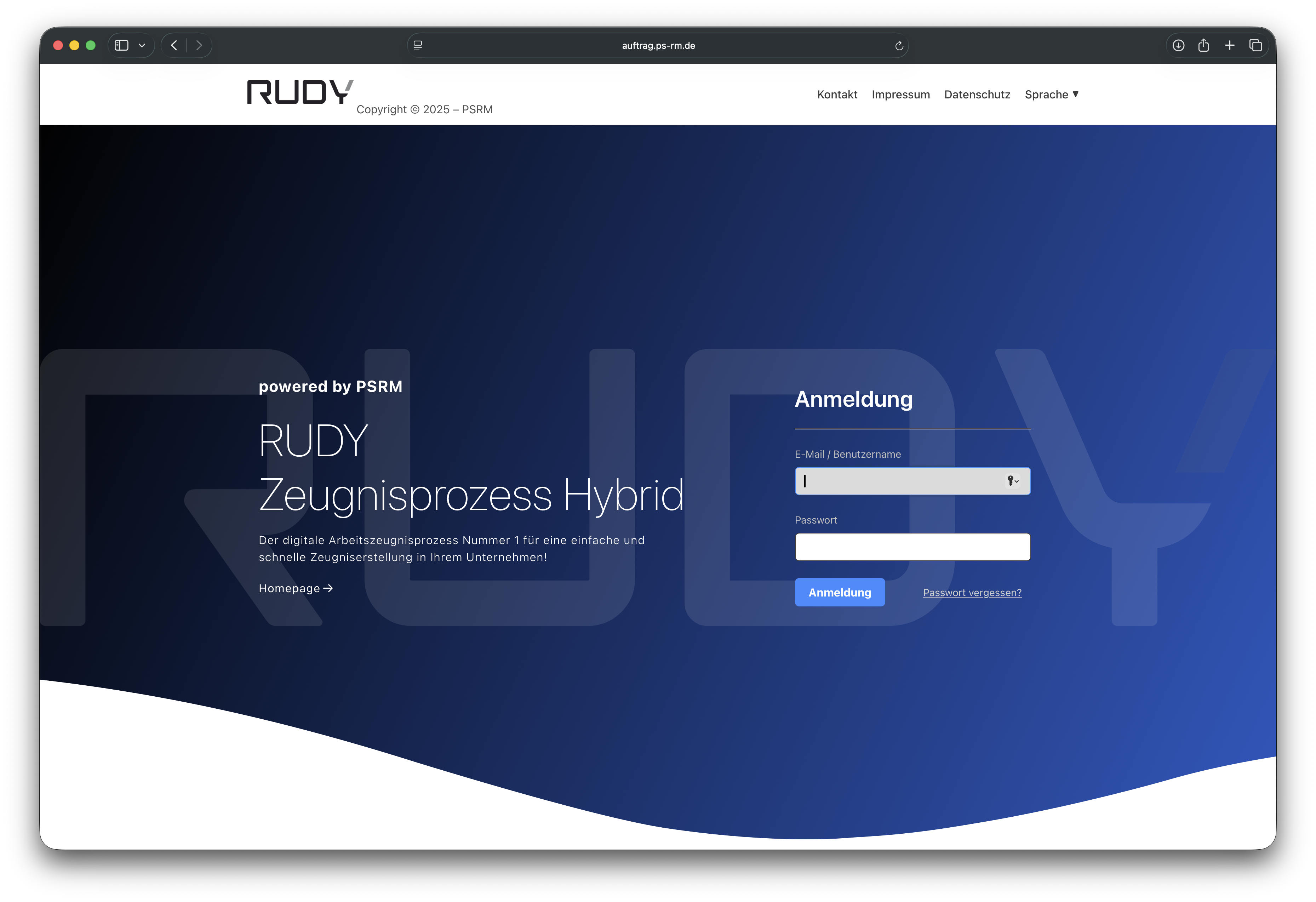 RUDY Login Oberfläche